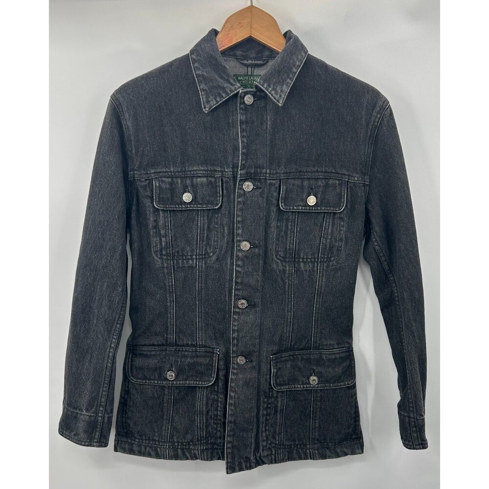 Vintage Ralph Lauren Polo Country Denim Distressed Black Jean Jacket Chore S